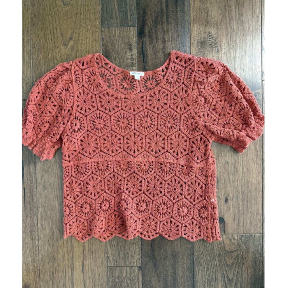 Ultra Pink Burnt Sienna Crochet Crop Top Puff Sleeves Scallop Hem Size M - Picture 2 of 6